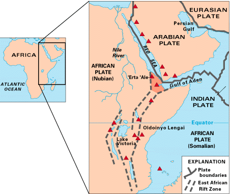 Map of the Africian continent showing the location of the East African Rift Zone on the east side.