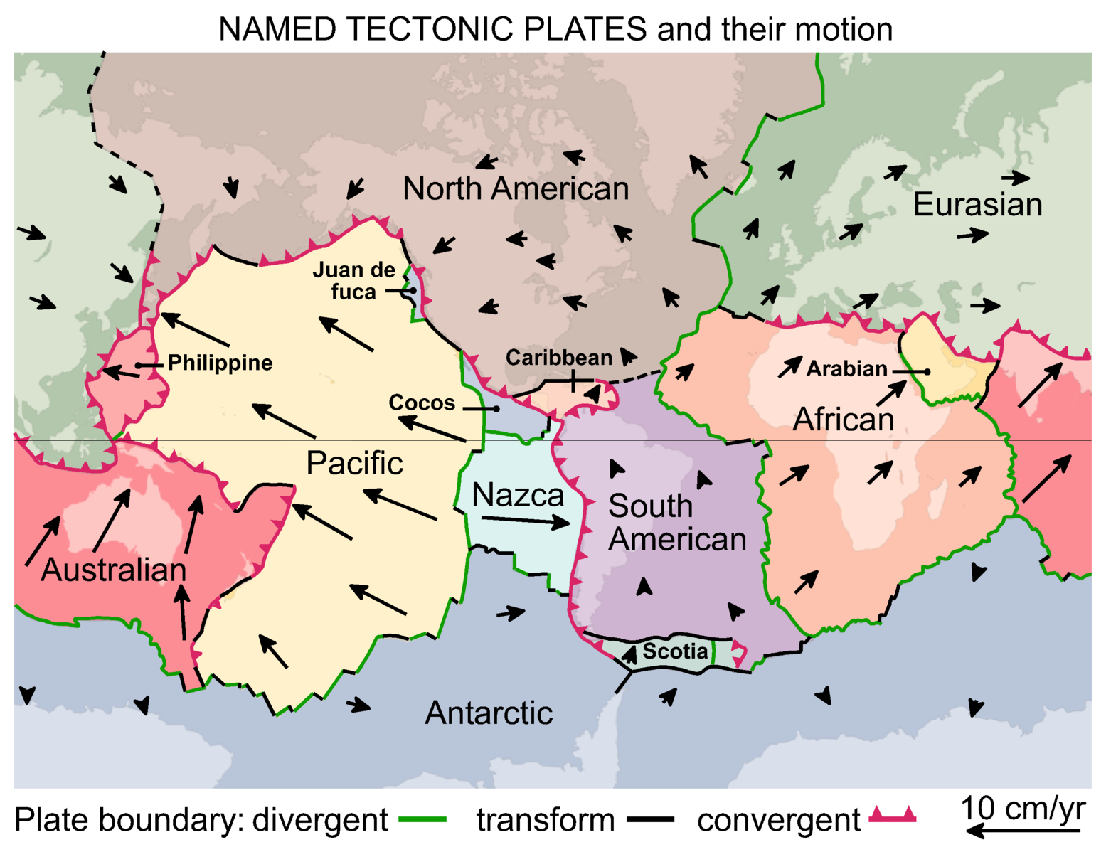 Map showing the plate boundaries, with arrows indicating the direction of motion 