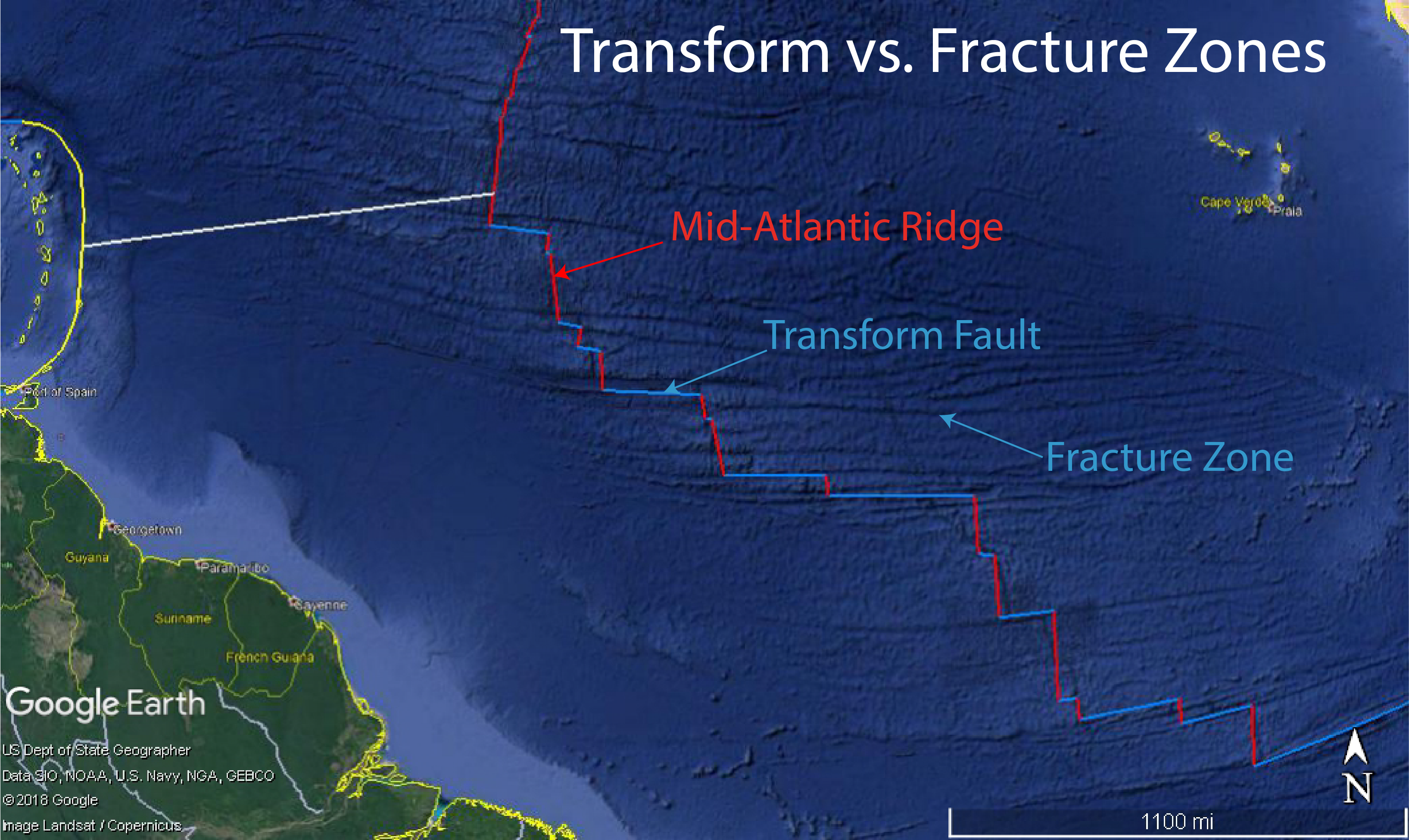 Bathymetric map showing the Mid Atlantic Ridge near Brazil, a transform fault, and a fracture zone.