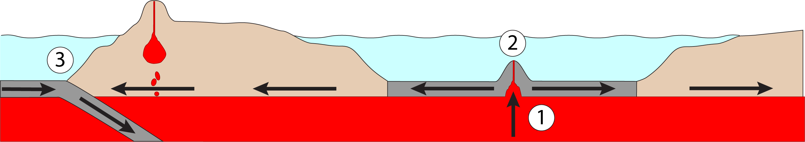 Profile showing a subduction zone, a volcano, and a spreading center